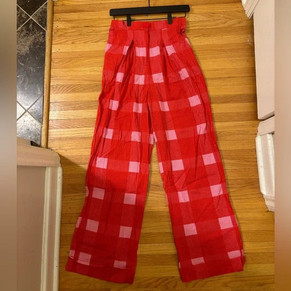 Anthropologie Porridge Red and Pink Wide-Leg Plaid Pants - Picture 3 of 5